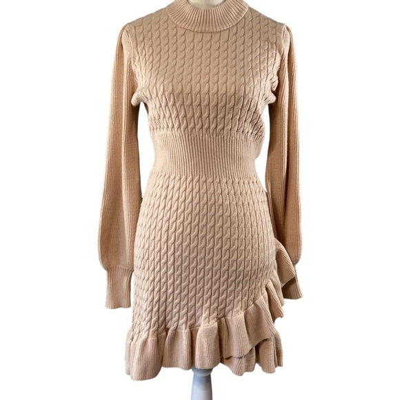 Anthropologie Flat White Ruffled Sweater Mini Dress Size L Cream - Picture 6 of 11